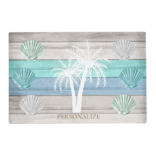 Blue, Teal, and White Beach Wood / Seashells Placemat