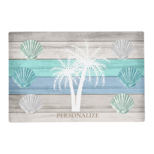 Blue Teal and White Beach Wood  Seashells Placemat