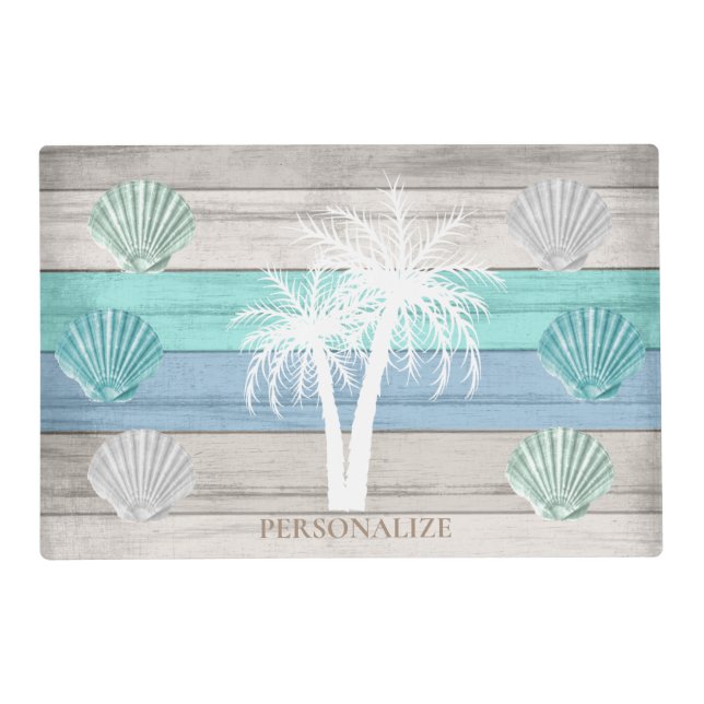 Blue, Teal, and White Beach Wood / Seashells Placemat (Front)
