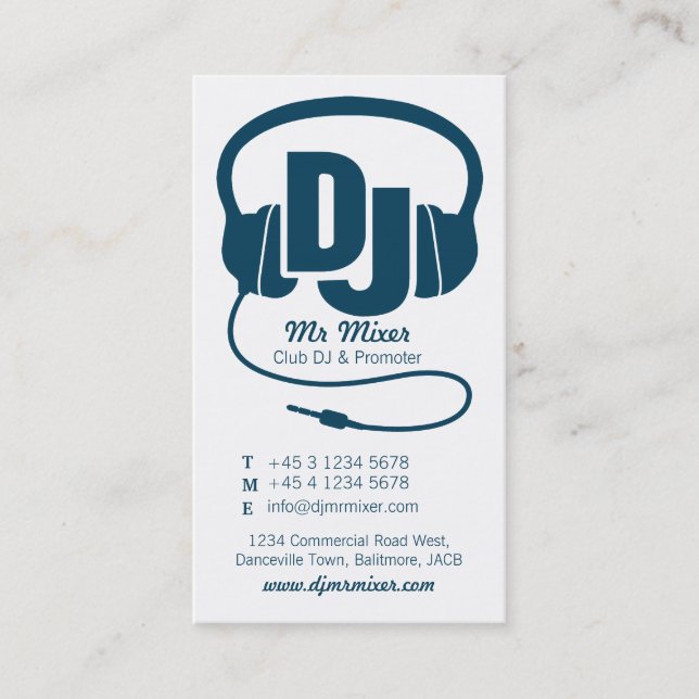 Blue teal and white DJ promoter business card (Front)