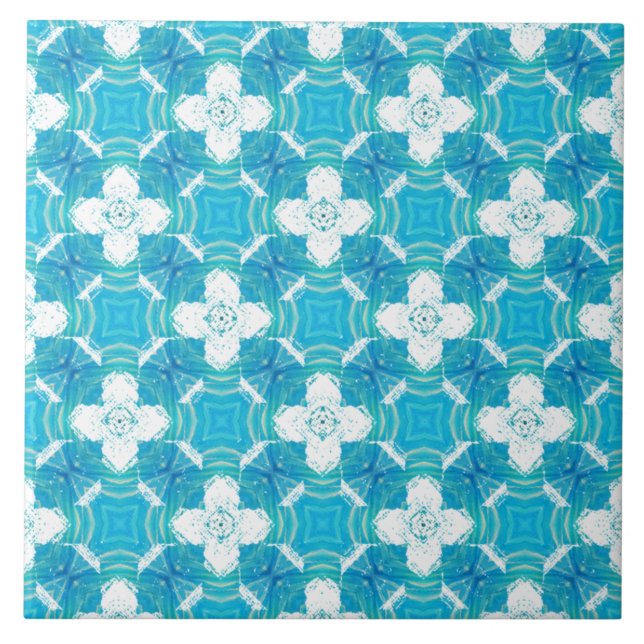 Blue, Teal, and White Floating Flowers Pattern Ceramic Tile (Front)
