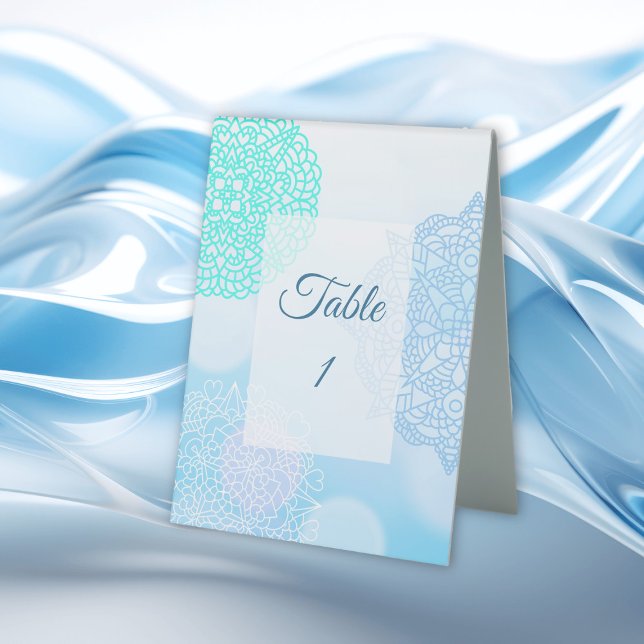 Blue, Teal and White Mandala Wedding Table Card  Table Tent (Creator Uploaded)