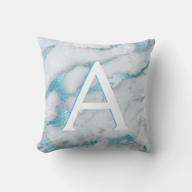 Blue Teal and White Marble Monogrammed Initial Throw Pillow (Front)