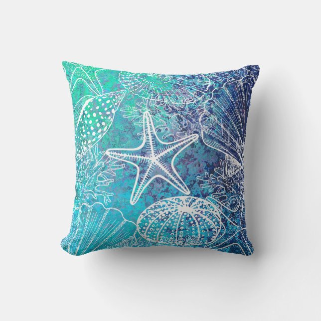 Blue Teal Aqua Starfish Seashells Sealife Coral Throw Pillow (Front)