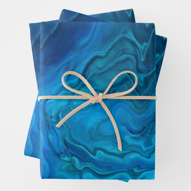 Blue Teal Aquamarine Marble Acrylic Abstraction Wrapping Paper Sheets (In situ)