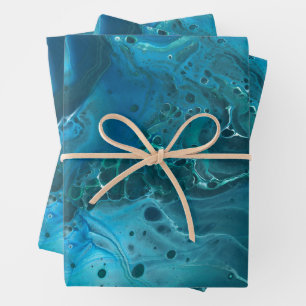 Blue Teal Aquamarine Marble Acrylic Abstraction Wrapping Paper Sheets