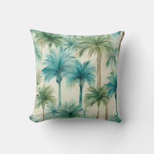 Blue Teal Beige Watercolor Palm Trees Tropical Throw Pillow