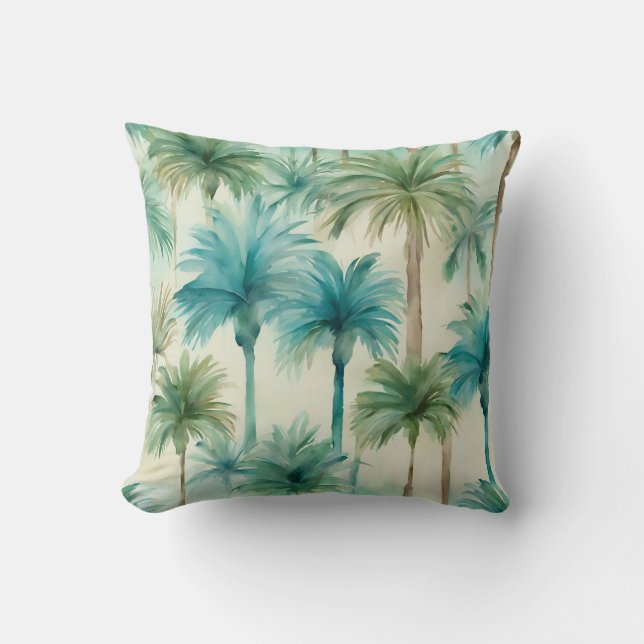 Blue Teal Beige Watercolor Palm Trees Tropical  Throw Pillow (Front)