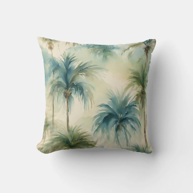 Blue Teal Beige Watercolor Palms Hawaiian Beachy Throw Pillow (Front)