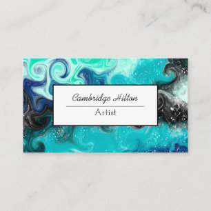 Blue, Teal Black Marble Abstract Fluid Art Business Card