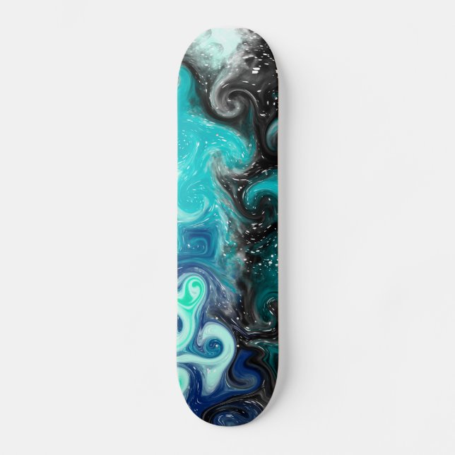 Blue, Teal, Black Marble Fluid Art Skateboard (Front)