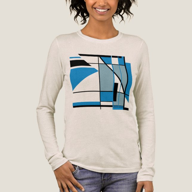 Blue Teal Black MCM Look Mosaic Geometric Abstract Tri-Blend Shirt (Front)