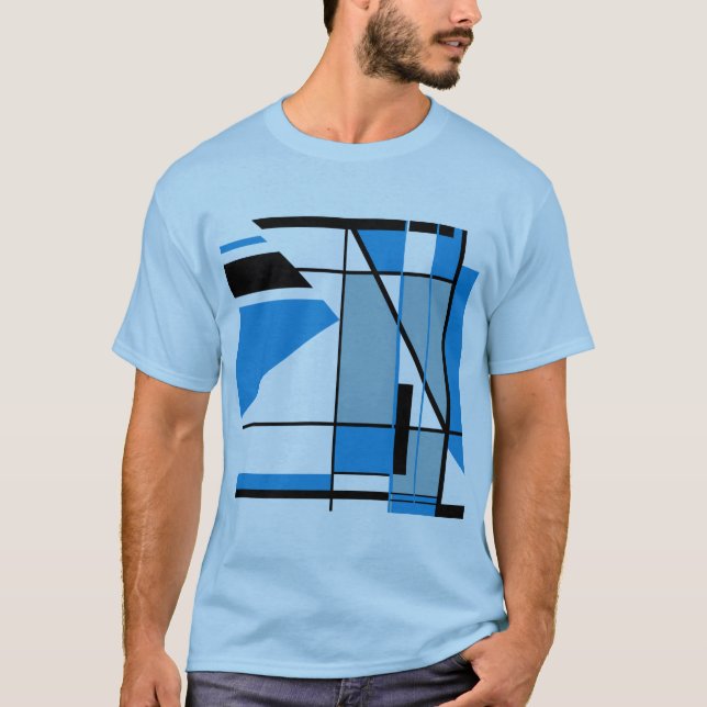 Blue Teal Black Mosaic MCM Look Geometric Abstract T-Shirt (Front)