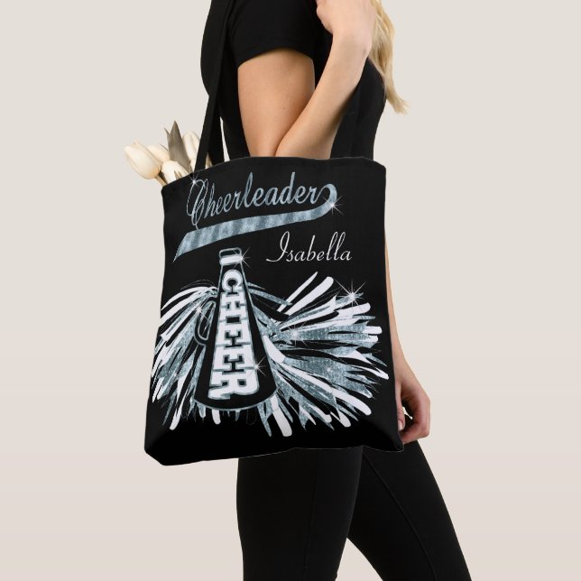 Blue Teal, Black & White Glitter Cheerleader Tote Bag (Close Up)