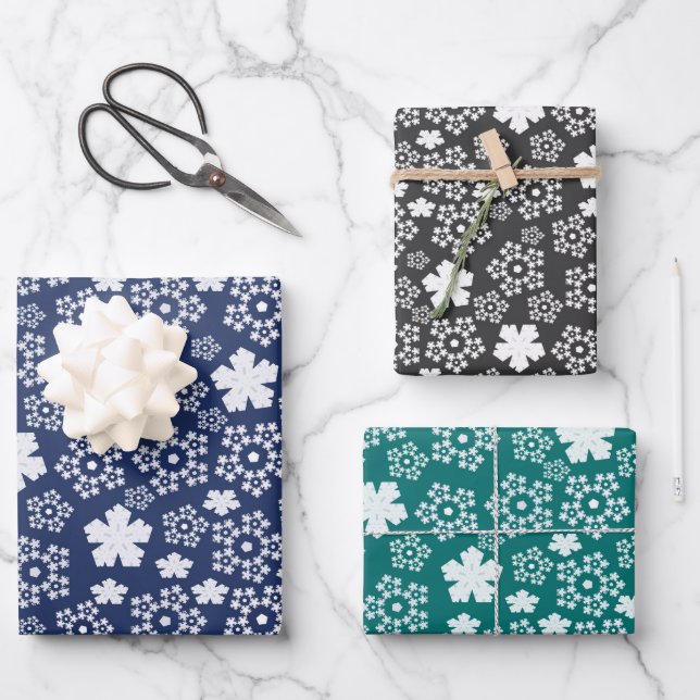 Blue, Teal, Black & White Star & Snowflake Pattern Wrapping Paper Sheets (Front)