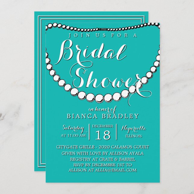 Blue Teal Bridal Shower Invitation (Front/Back)