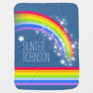 Blue teal colorful name rainbow stars baby blanket