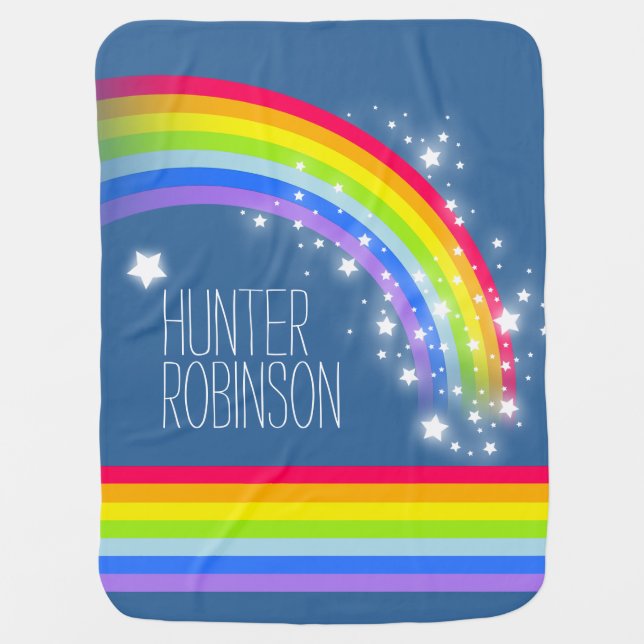 Blue teal colorful name rainbow stars baby blanket (Front)