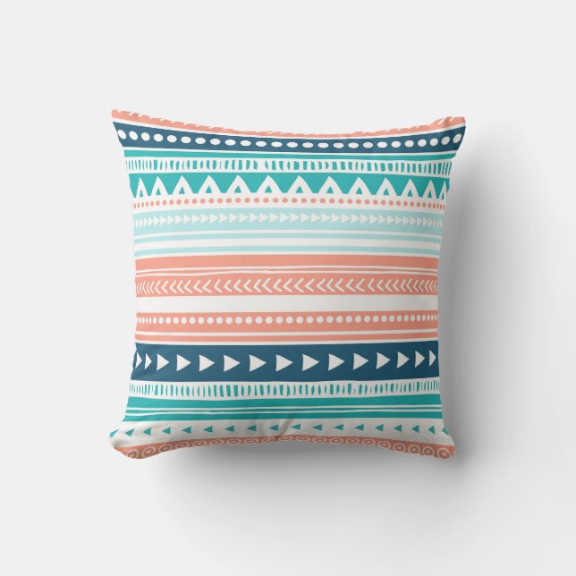 Blue Teal Coral Tribal Decorative Pillow (Front)