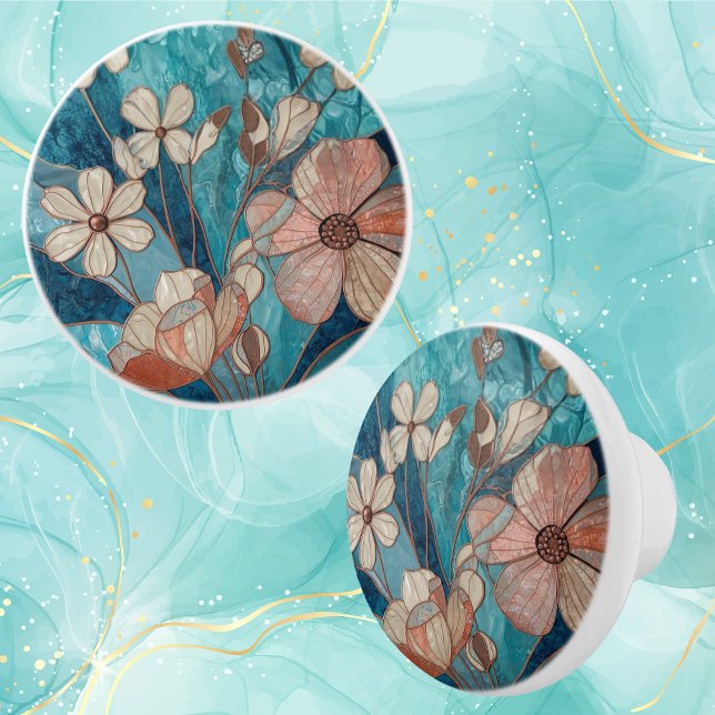 Blue Teal Cream Copper Floral Ceramic Knob (Creator Uploaded)