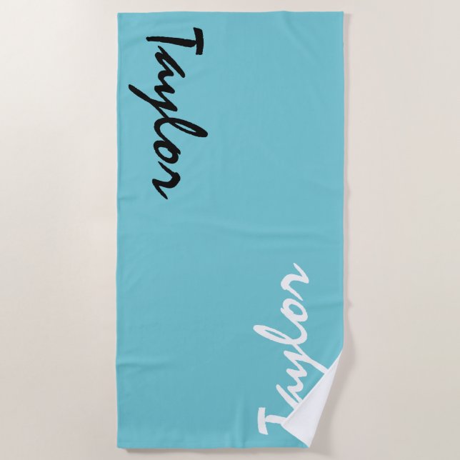 Blue Teal Custom Name Personalized Beach Towel (Front)