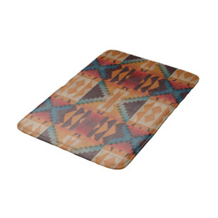 Blue Teal Dark Brown Beige Orange Red Tribal Art Bath Mat