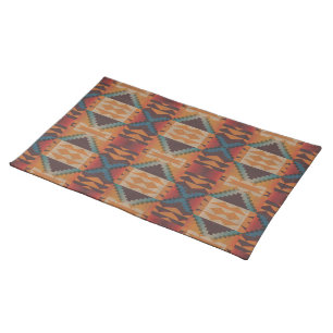 Blue Teal Dark Brown Beige Orange Red Tribal Art Cloth Placemat