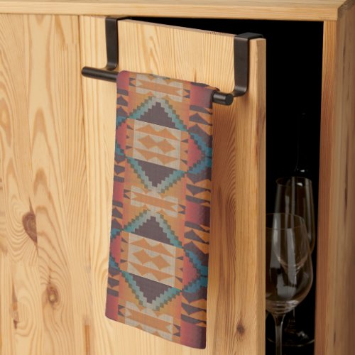 Blue Teal Dark Brown Beige Orange Red Tribal Art Kitchen Towel