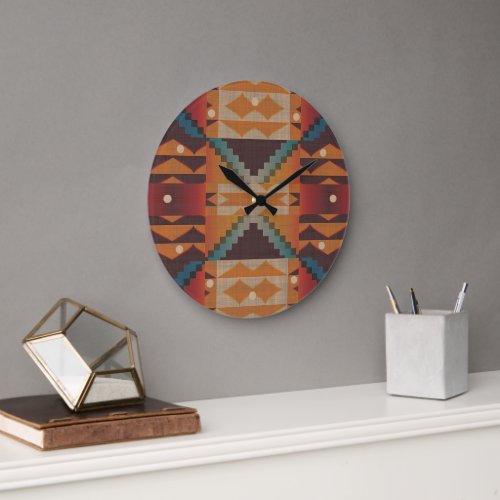 Blue Teal Dark Brown Beige Orange Red Tribal Art Large Clock