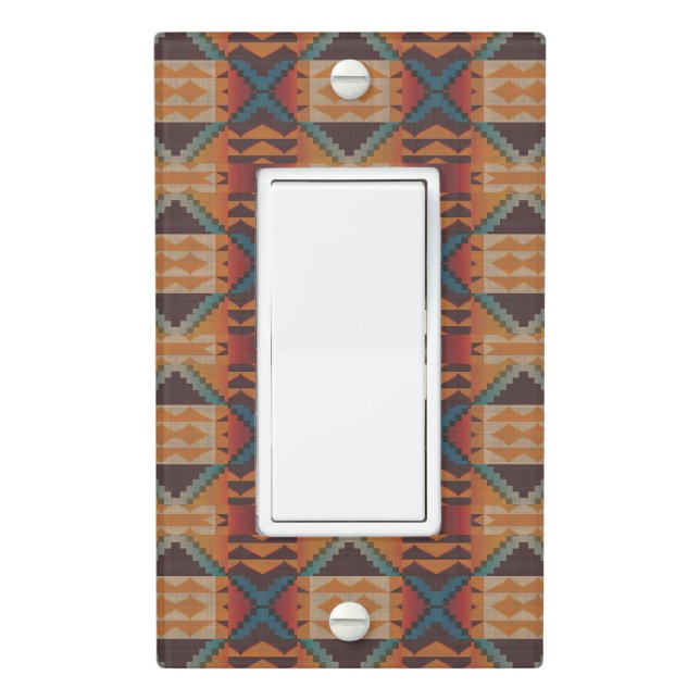 Blue Teal Dark Brown Beige Orange Red Tribal Art Light Switch Cover (In Situ)