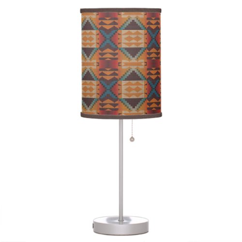 Blue Teal Dark Brown Beige Orange Red Tribal Art Table Lamp