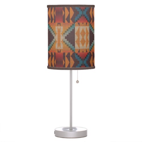 Blue Teal Dark Brown Beige Orange Red Tribal Art Table Lamp