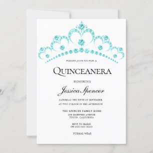 Blue Teal Diamond Tiara Quinceanera Party Invite