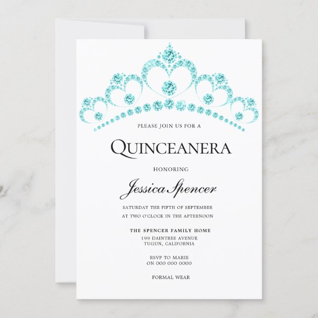 Blue Teal Diamond Tiara Quinceanera Party Invite (Front)