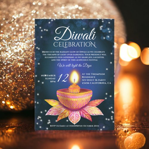 Blue teal Diwali Lamps light illustration script Invitation