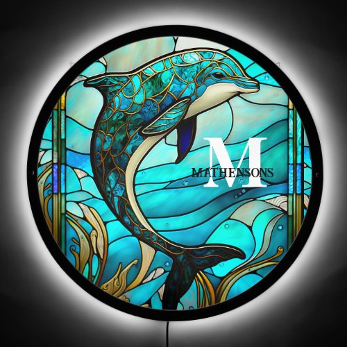 Blue Teal  Dolphin Custom Stained Glass Wall light LED Sign