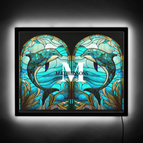 Blue Teal  Dolphin Faux Stained Glass Wall light LED Sign