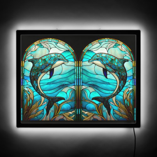 Blue Teal  Dolphin Faux Stained Glass Wall light LED Sign