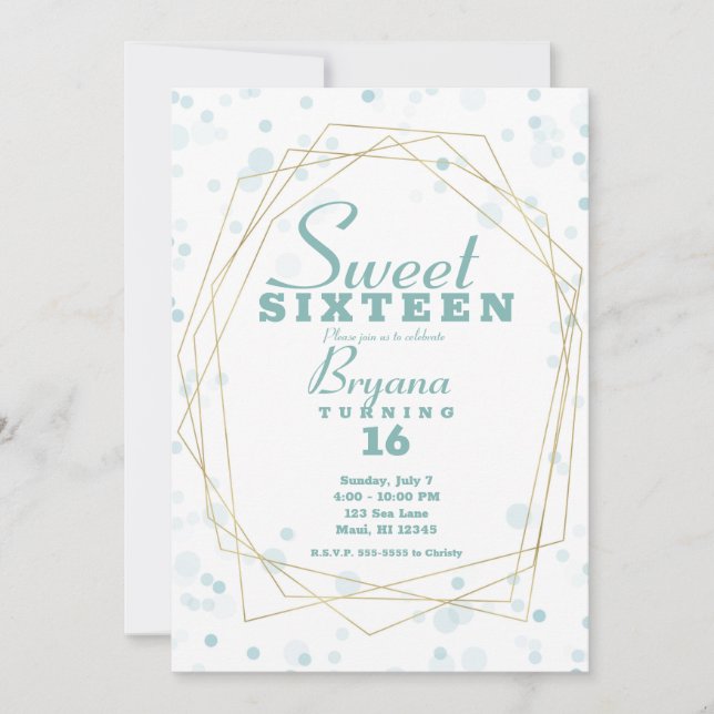 Blue Teal Dots & Gold Geometric Modern Sweet 16 Invitation (Front)