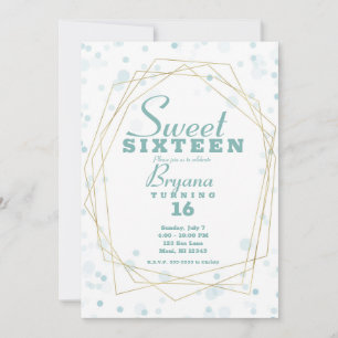 Blue Teal Dots & Gold Geometric Modern Sweet 16 Invitation