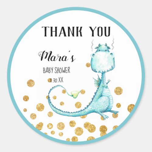 *~* Blue Teal Dragon Glitter Baby Shower Thank You Classic Round Sticker