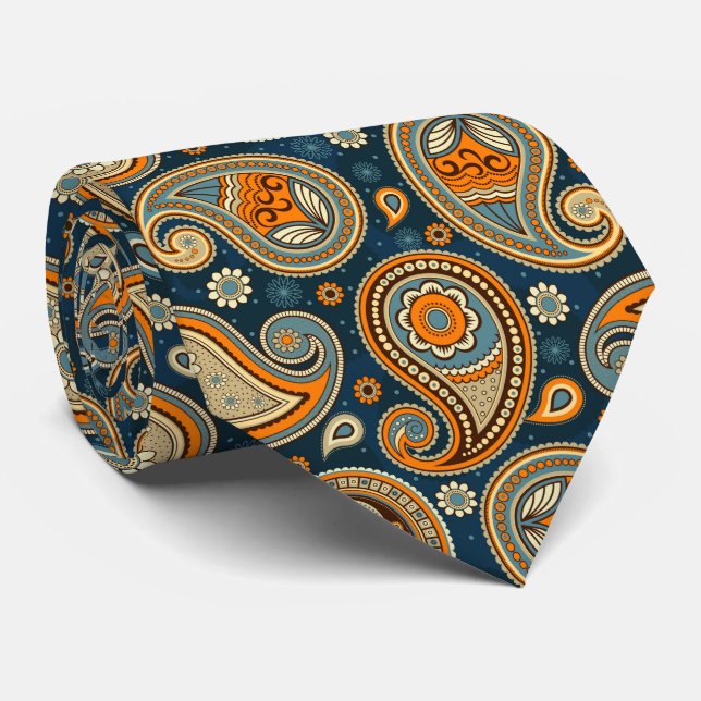 Blue teal elegant vintage paisley pattern neck tie (Rolled)