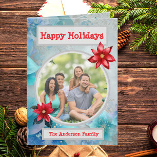 Blue Teal Floral Elegant Family Photo Holiday Card