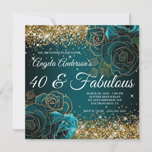 Blue Teal Floral Gold Glitter Glam 40 & Fabulous Invitation (Front)
