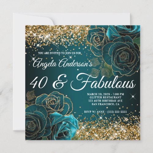 Blue Teal Floral Gold Glitter Glam 40  Fabulous Invitation