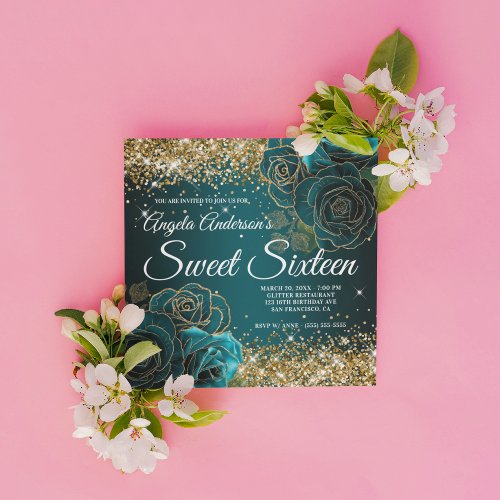 Blue Teal Floral Gold Glitter Glam Sweet Sixteen Invitation