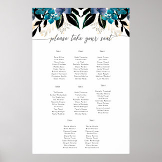 Blue teal Floral Wedding border Poster