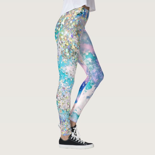Blue Teal Galaxy Holographic Glitter Elegant Cool Leggings Zazzle