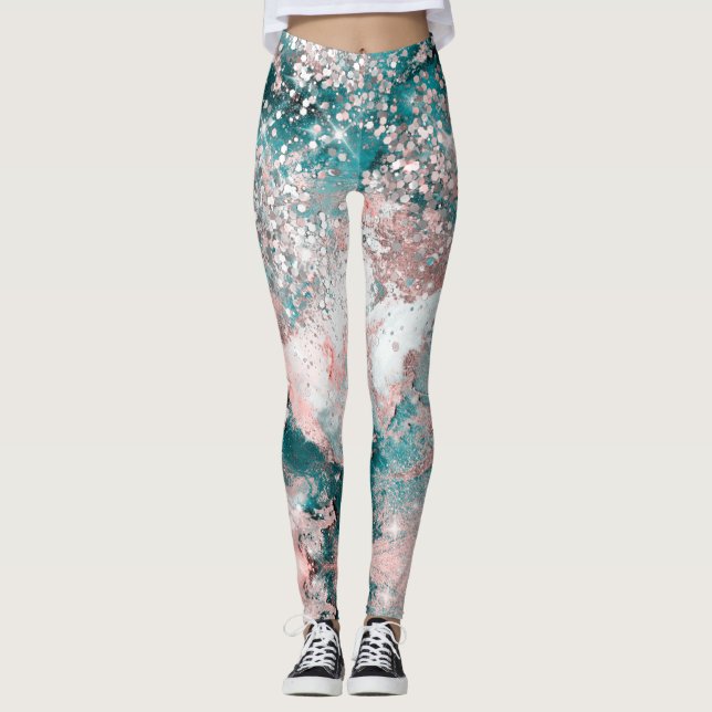 Blue Teal Galaxy Rose Glitter Elegant Design Leggings (Front)