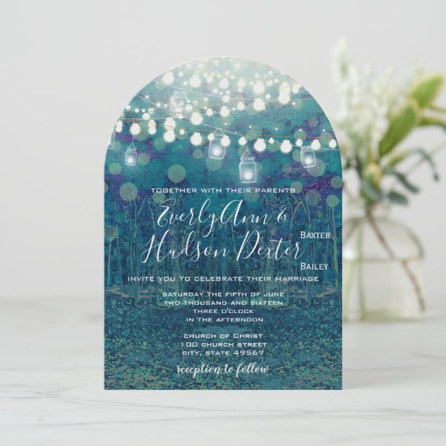 Blue Teal Garland of Fairy Lights Forest Wedding Invitation (Standing Front)